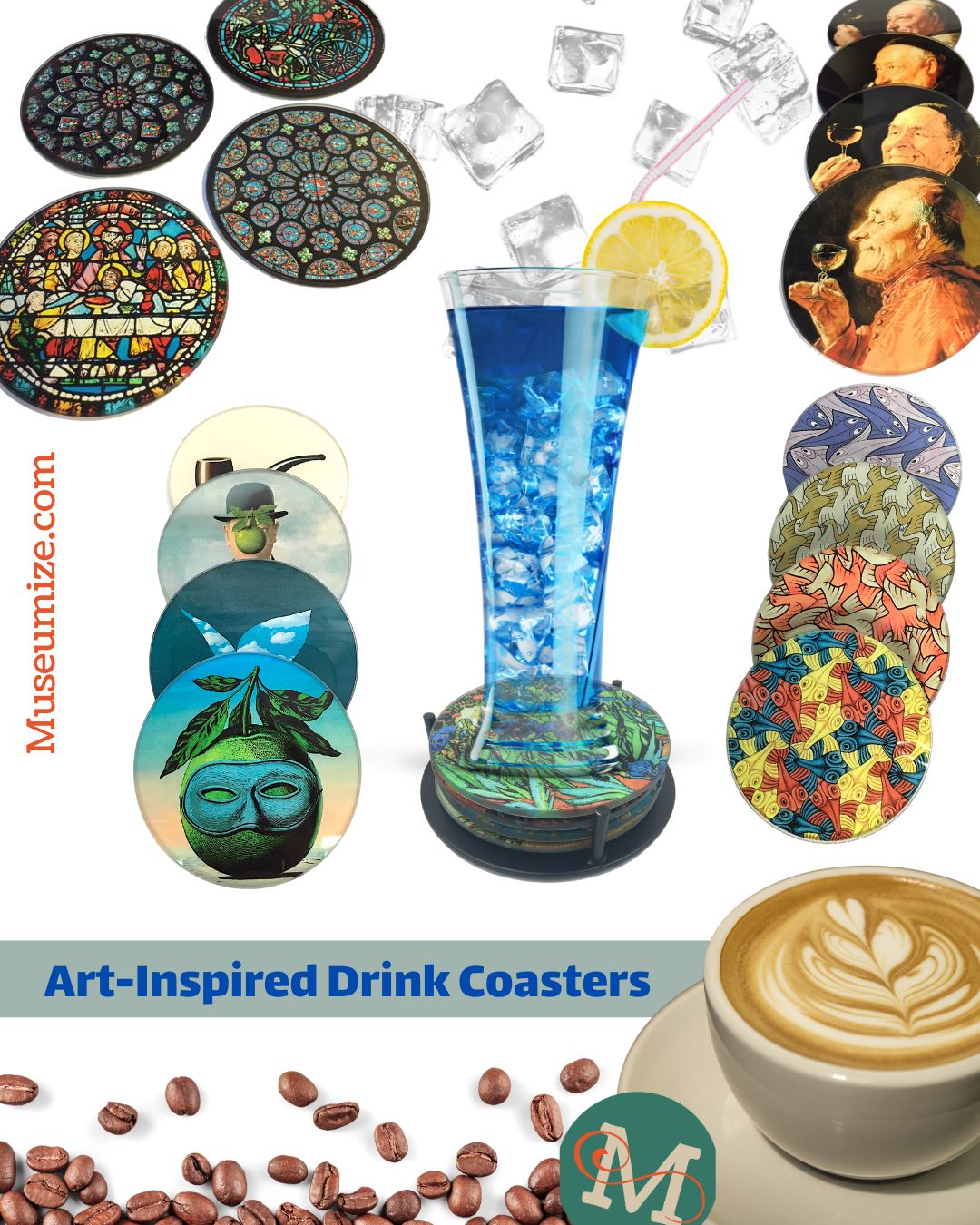 Art-inspired drink coasters featuring Magritte, Escher, stained glass, and abstract designs from Museumize.com.