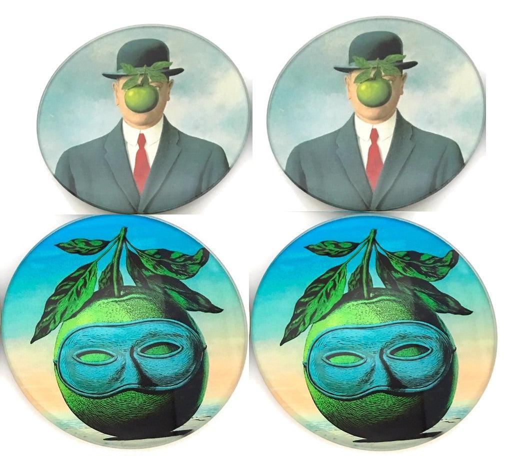 Set of four round coasters with surrealist apple and masked apple face art designs