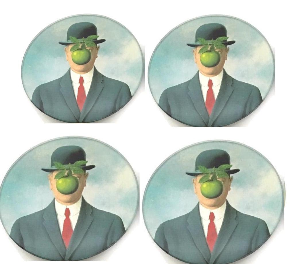 Set of four coasters with man in suit, bowler hat, and green apple covering face design