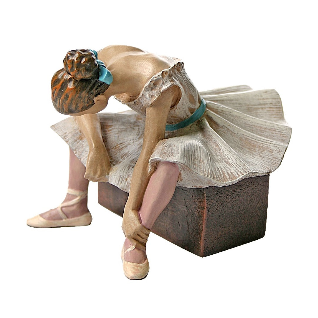 L'Attente ballerina sculpture showing delicate tutu drapery, weary posture, and exhausted expression of young dancer between rehearsals demonstrating Degas's artistic honesty.