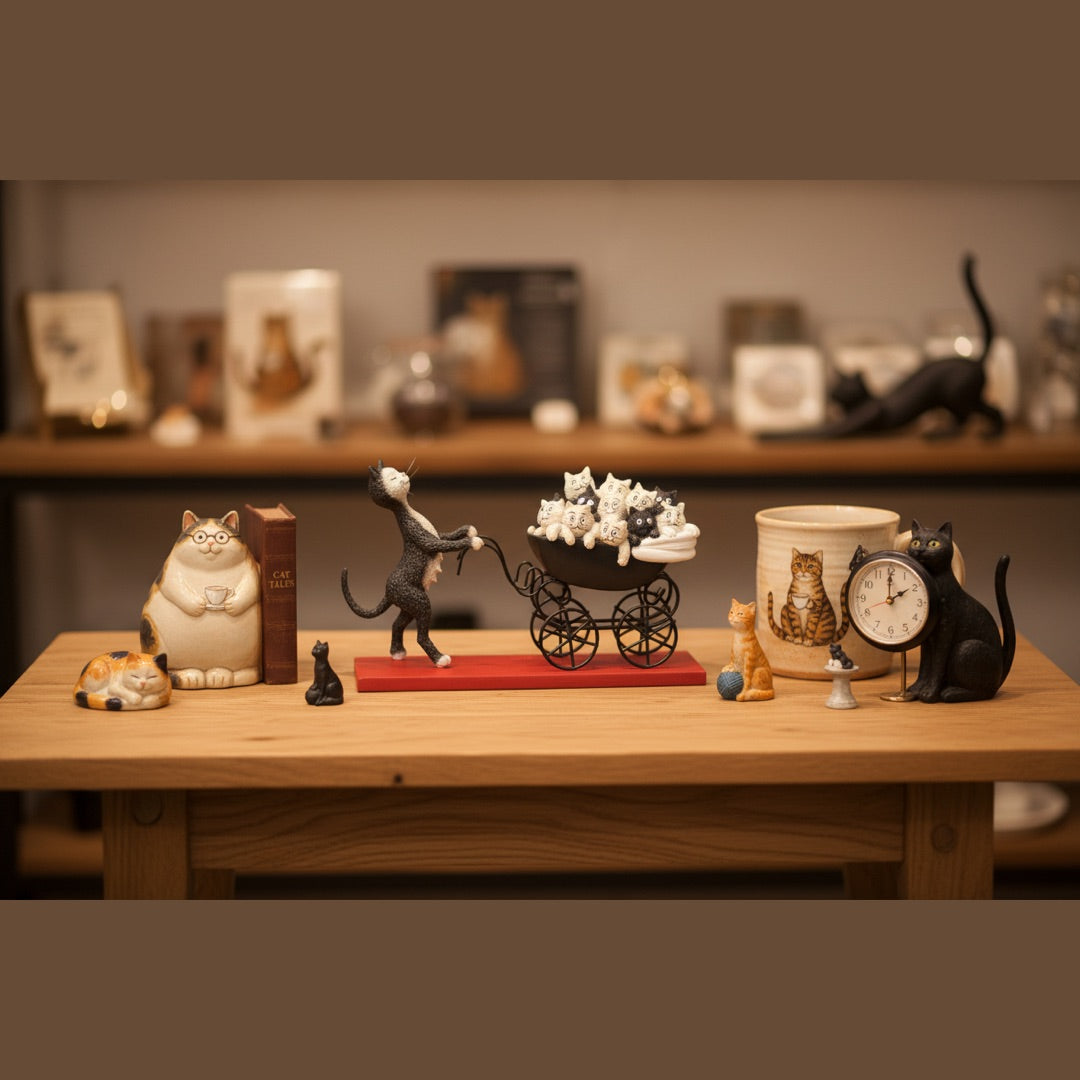 funny cat items display with statue of cat with stroller and kittens at center