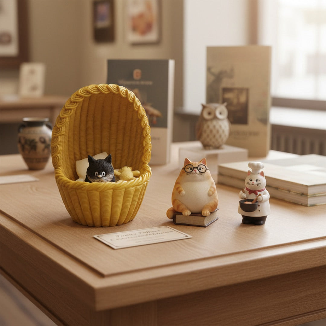 A yellow woven basket-style chair with a rope-tied front, holding a small black cat figurine and a beige plush toy on a white background.
