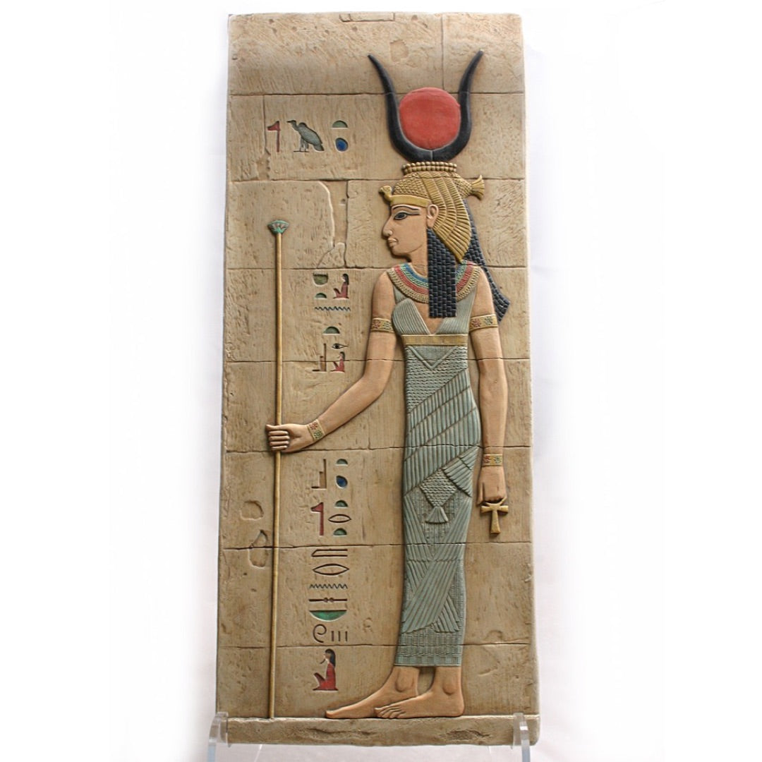 Isis Egyptian wall relief holding ankh and papyrus staff, temple-style stone carving replica