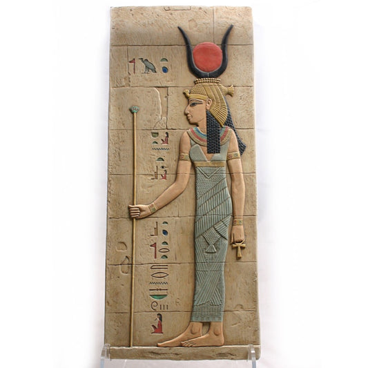 Isis Egyptian wall relief holding ankh and papyrus staff, temple-style stone carving replica