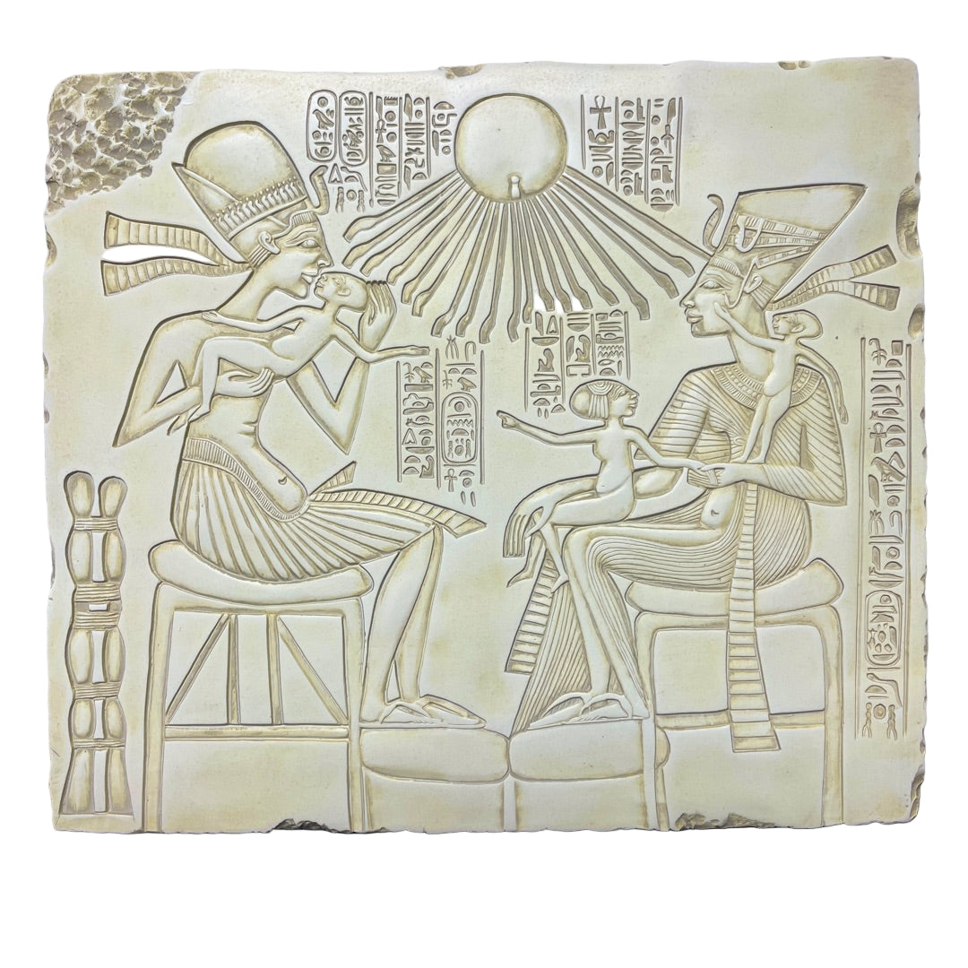 Carved stone panel with ancient Egyptian design featuring Pharaoh Akehanten, Wife and Children, and hieroglyphs.