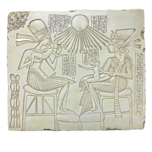 Carved stone panel with ancient Egyptian design featuring Pharaoh Akehanten, Wife and Children, and hieroglyphs.