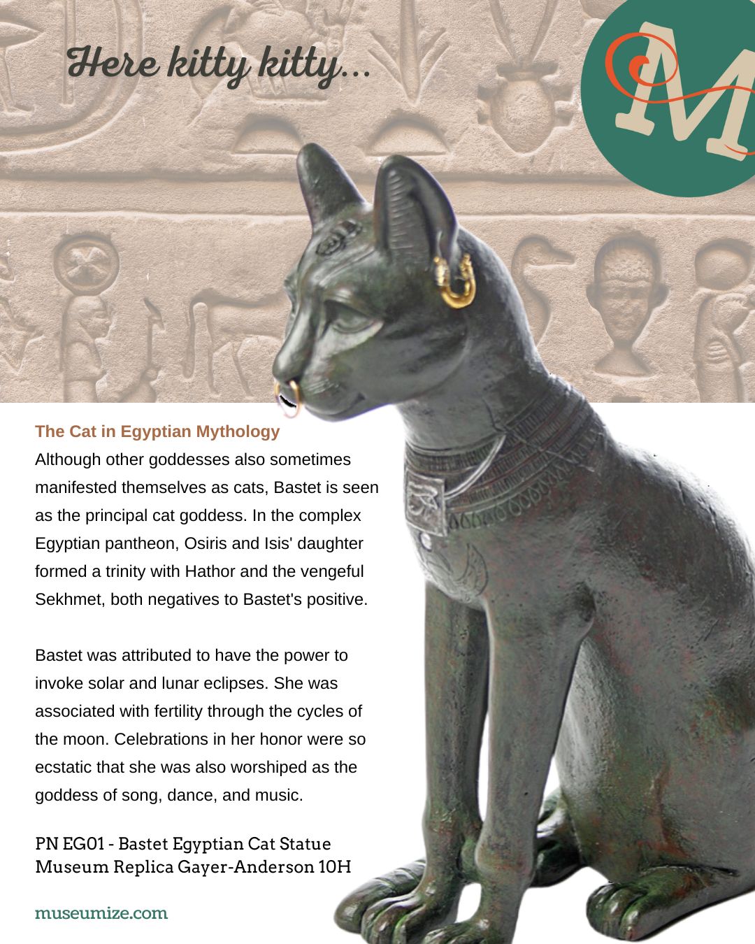 Egyptian cat statue Bastet museum replica with gold earrings and hieroglyphic background
