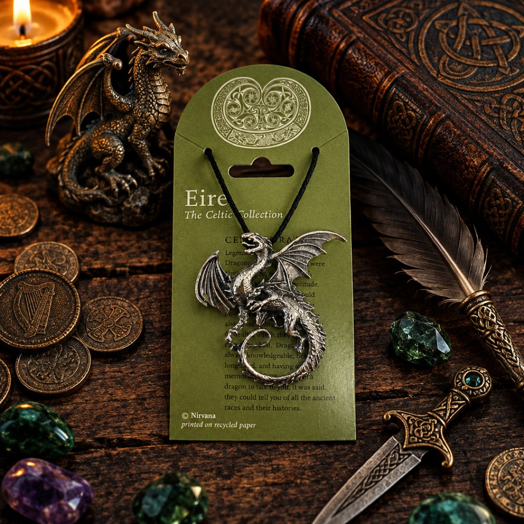 Dragon Breathing Fire Celtic Pewter Pendant Costume Charm Necklace - Museumize.com