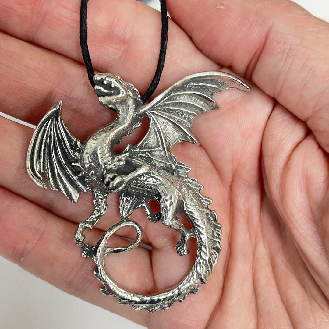 Dragon Breathing Fire Celtic Pewter Pendant Costume Charm Necklace - Museumize.com