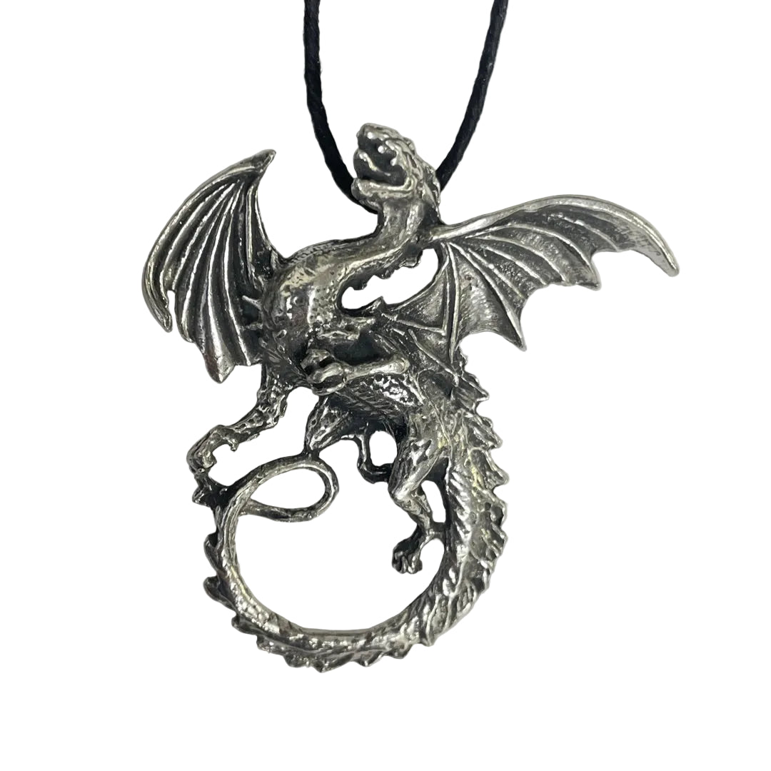 Dragon Breathing Fire Celtic Pewter Pendant Costume Charm Necklace - Museumize.com