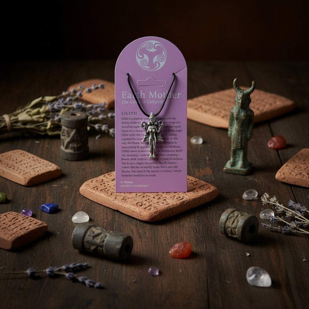 A silver Lilith cross pendant on a black cord, displayed on a purple card labeled 'Earth Mother The Goddess Collection'