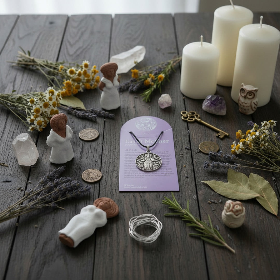 A silver pendant necklace featuring the deity Hecate, displayed on a purple backing card titled 'Earth Mother The Goddess Collection'