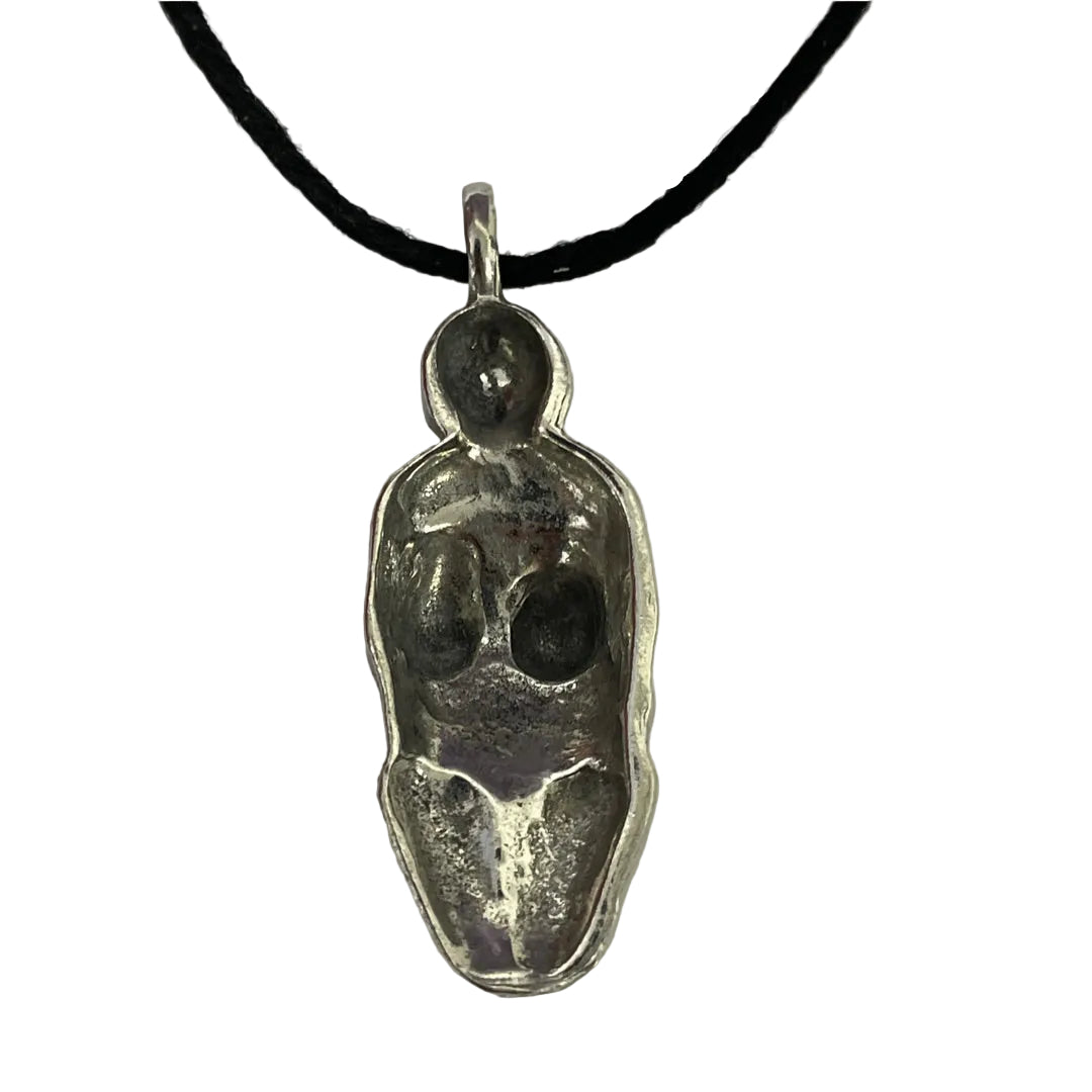 Venus of Willendorf pendant necklace flat lay, prehistoric Ice Age goddess jewelry, Museumize ETM-505