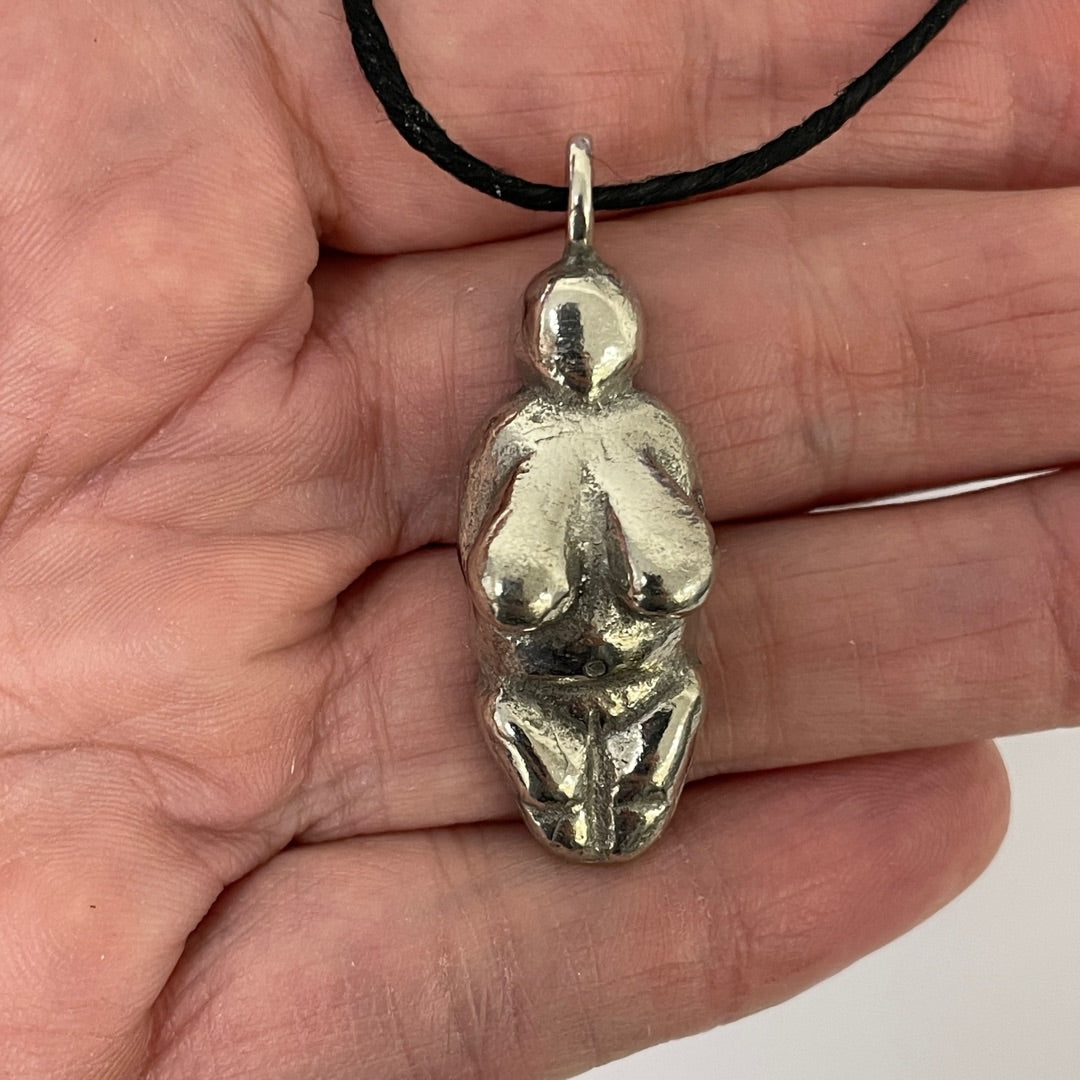 Venus of Willendorf necklace pendant close up showing prehistoric female figurine form in lead-free pewter