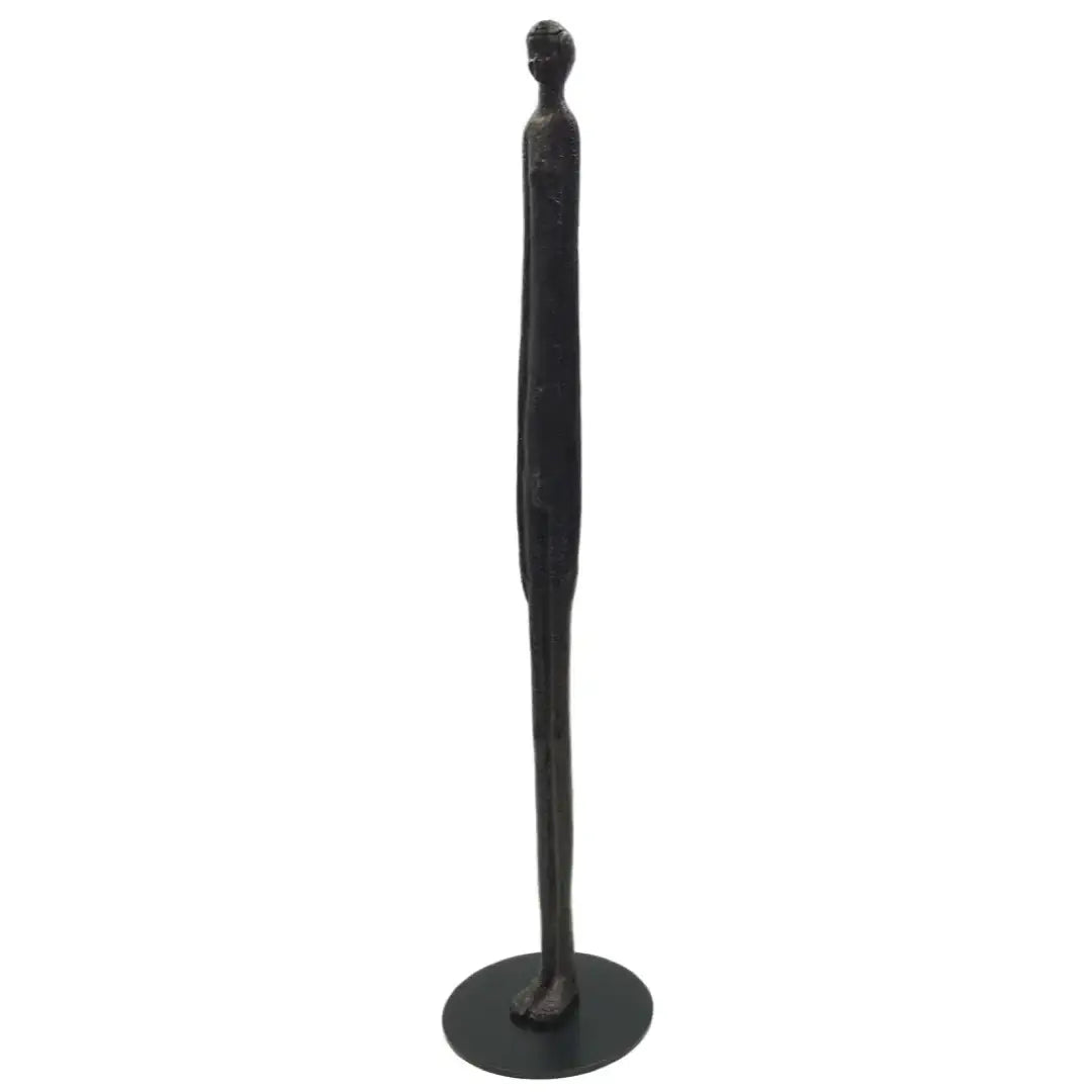 Etruscan boy thin statue with elongated body inspired by ancient Etruscan bronze figures, mounted on round base