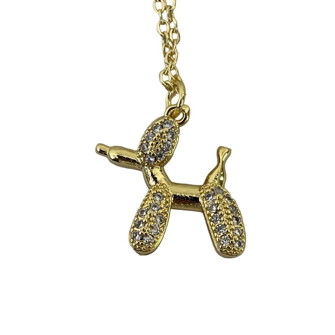 Gold balloon dog pendant with rhinestones on a chain, dog necklace
