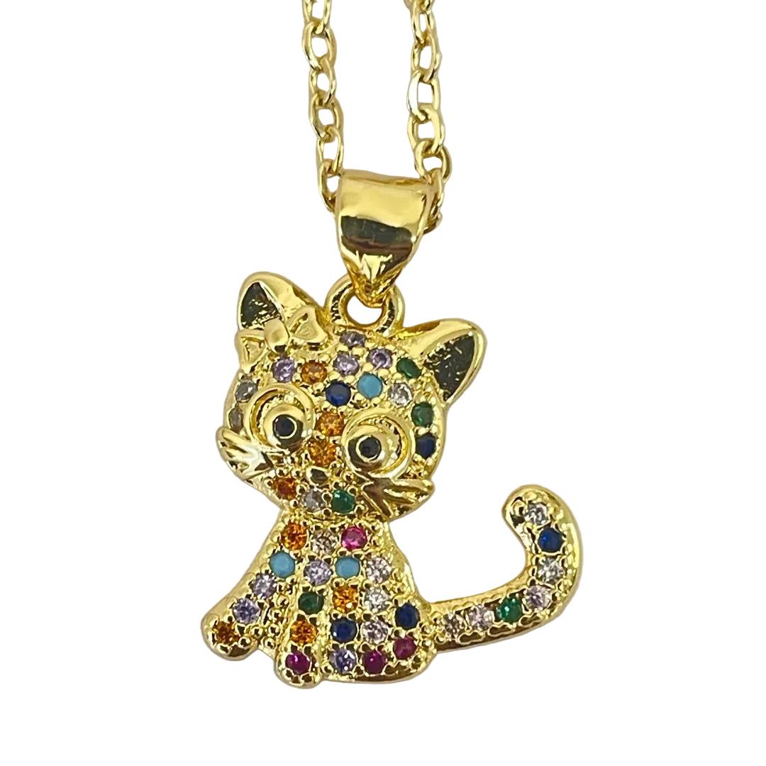 Cat Pendant Necklace with colorful cubic zirconia stones and gold finish