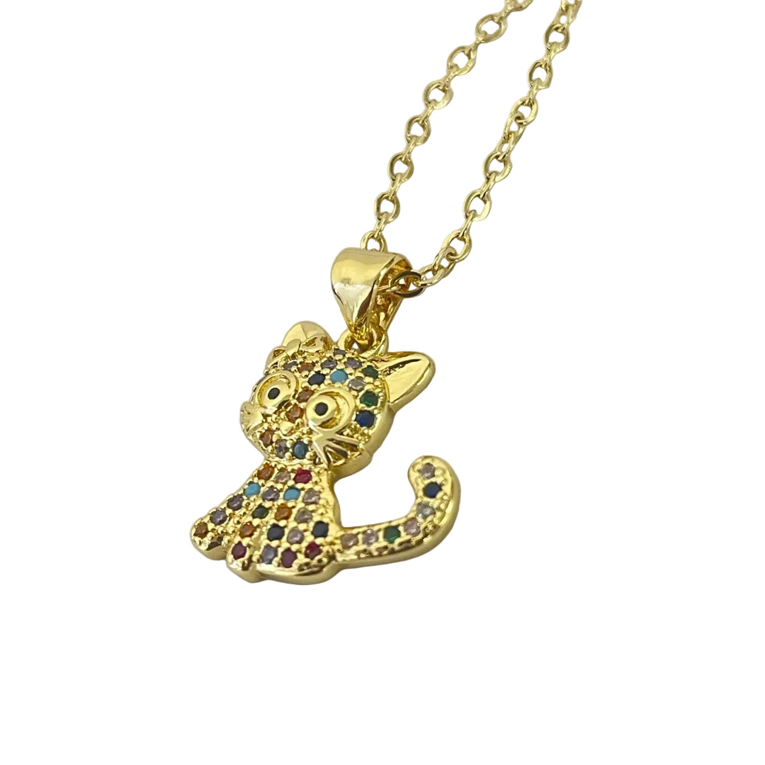 Close-up of sparkling cat lover gift necklace with cubic zirconia stones
