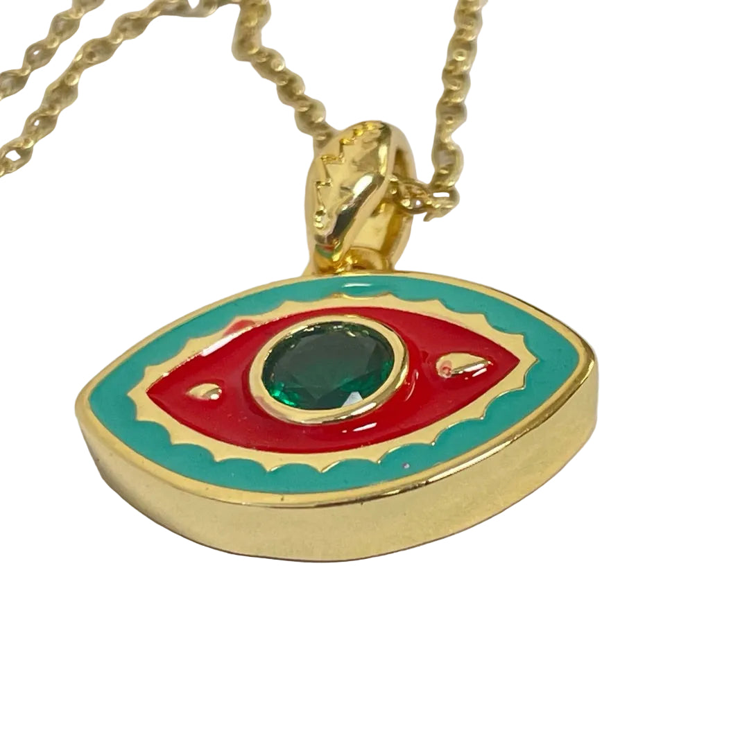 Gold plated evil eye jewelry with turquoise and red accents
