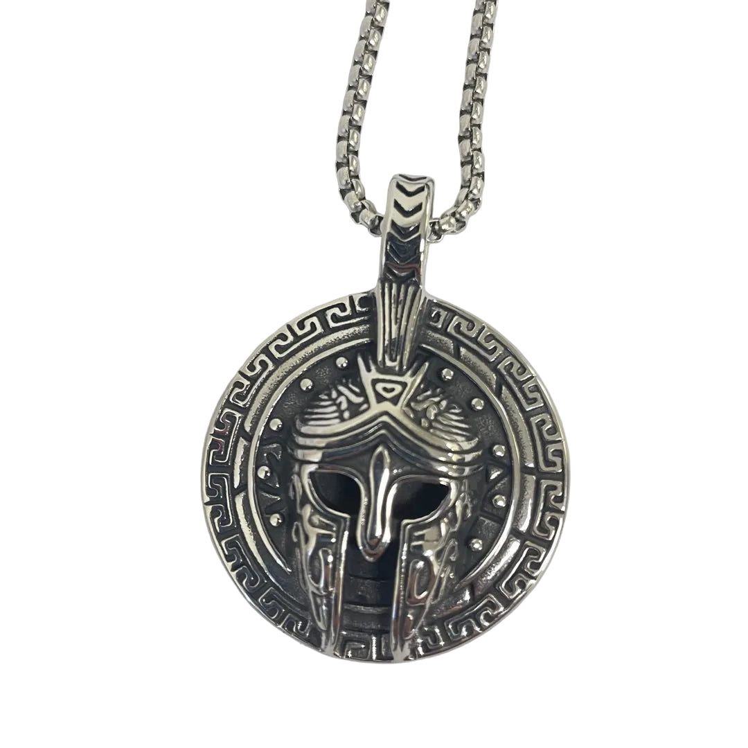 Spartan warrior necklace pendant with Corinthian helmet and Greek key pattern