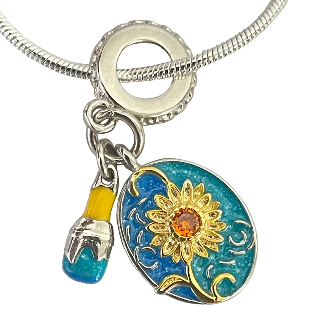 Sunflower charm bead for bracelet or necklace with painter's brush accent