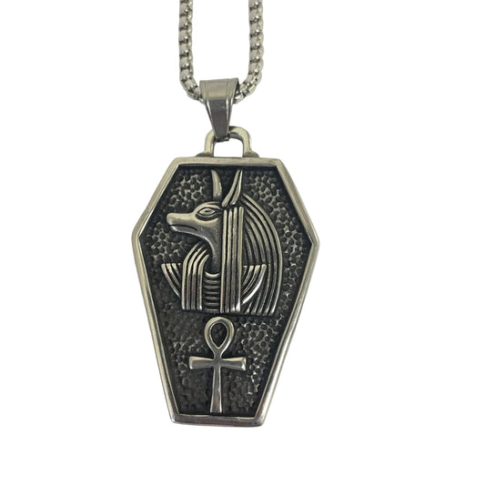 Anubis coffin pendant with jackal-headed god and Ankh symbol in stainless steel