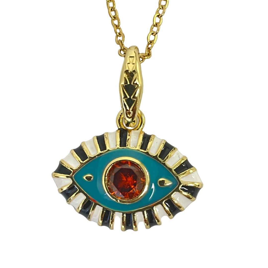 Gold plated evil eye jewelry with teal and red accents