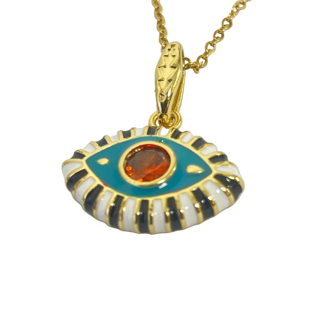 Front view of colorful Evil Eye Pendant Necklace on chain
