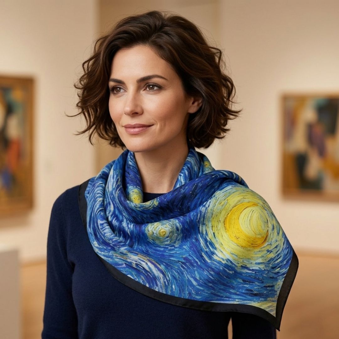 Woman wearing a 'Starry Night' scarf in an art gallery setting