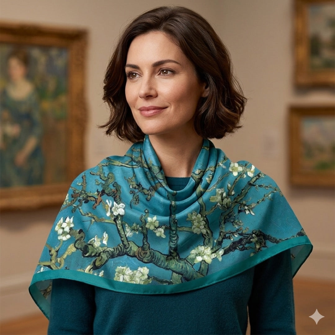 model wearing Van Gogh Almond Blossoms faux silk scarf