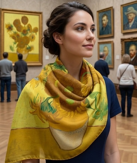 A woman wearing a yellow Sunflowers scarf in the Van Gogh art gallery.