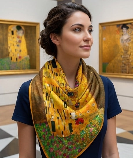 Woman wearing a 'The Kiss' Klimt-inspired scarf in an art gallery setting