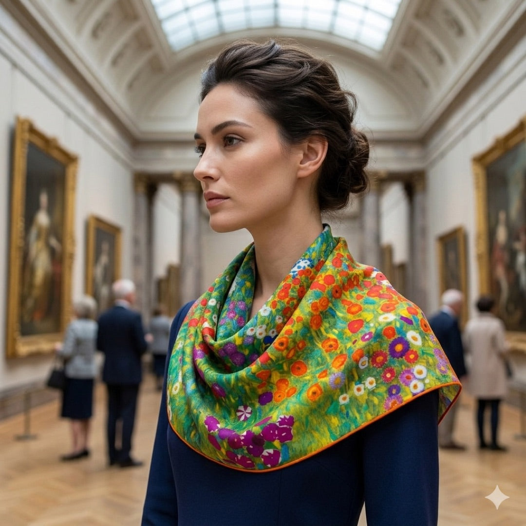 A woman wearing a colorful floral scarf by Klimt in an art gallery