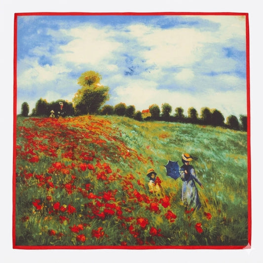 Monet Poppy Field Poppies faux silk scarf lay flat