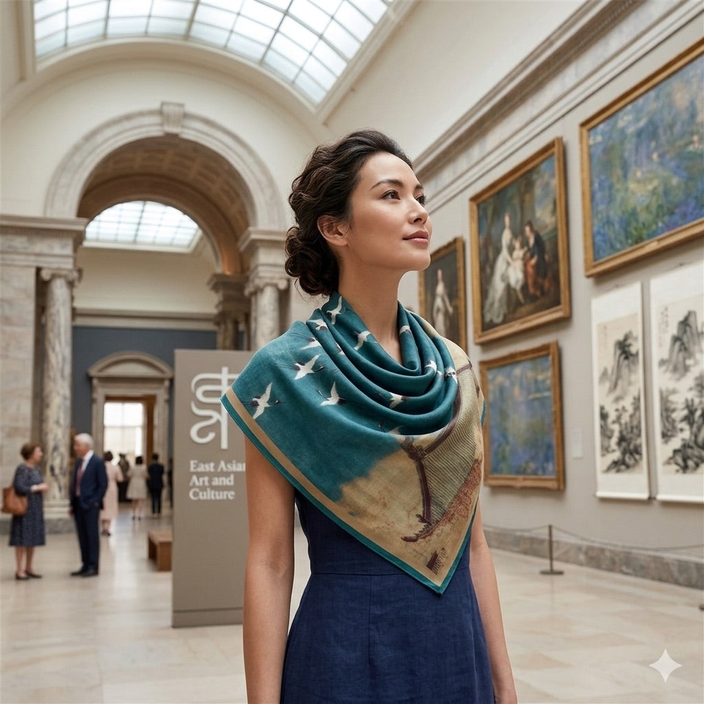A woman wearing a decorative teal blue scarf in an art gallery