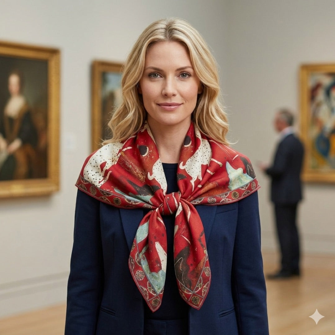 A woman wearing an Asian-style red scarf in an art gallery