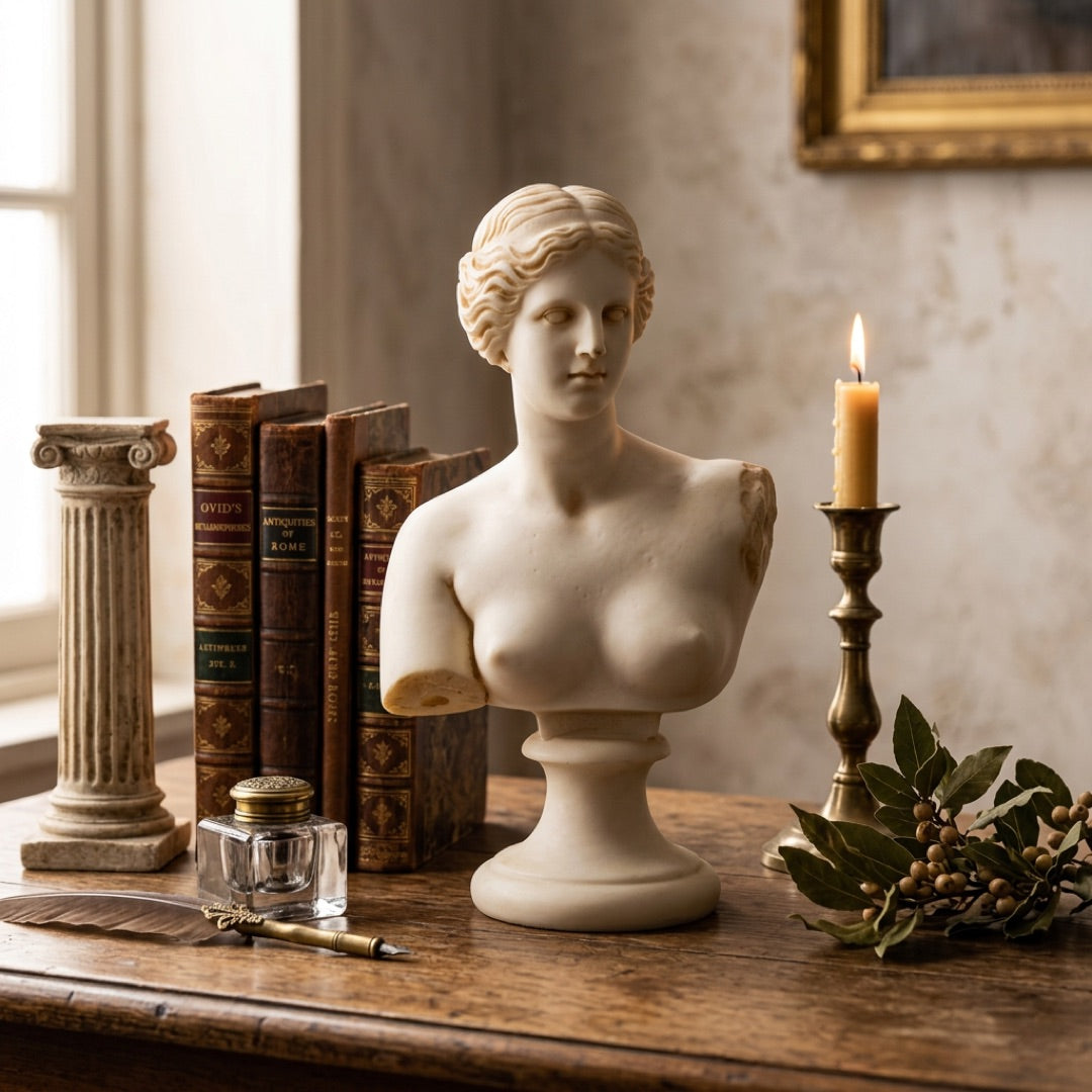 Venus de Milo bust placed on entry table near columns