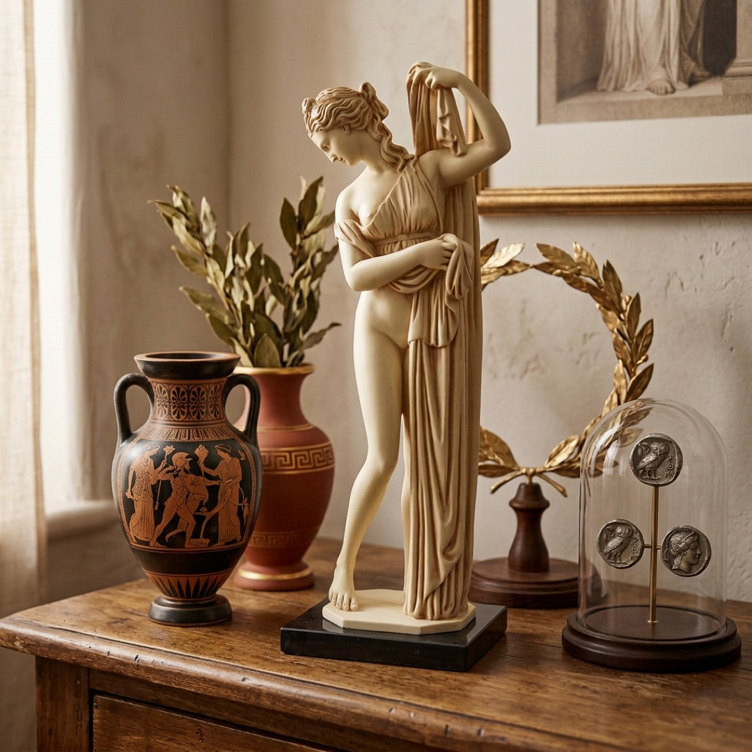 Venus Statue reproduction on table near greek vases and coins