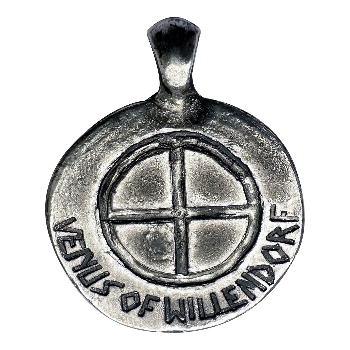 Silver-plated Venus of Willendorf necklace with 18-inch chain.