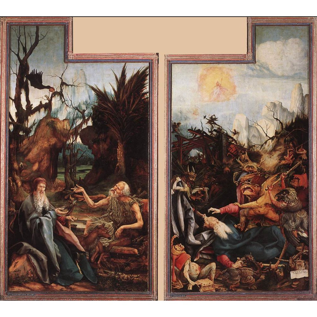 Matthias Grunewald Temptation of Saint Anthony panel, Isenheim Altarpiece, showing hooded beast of darkness with pitchfork