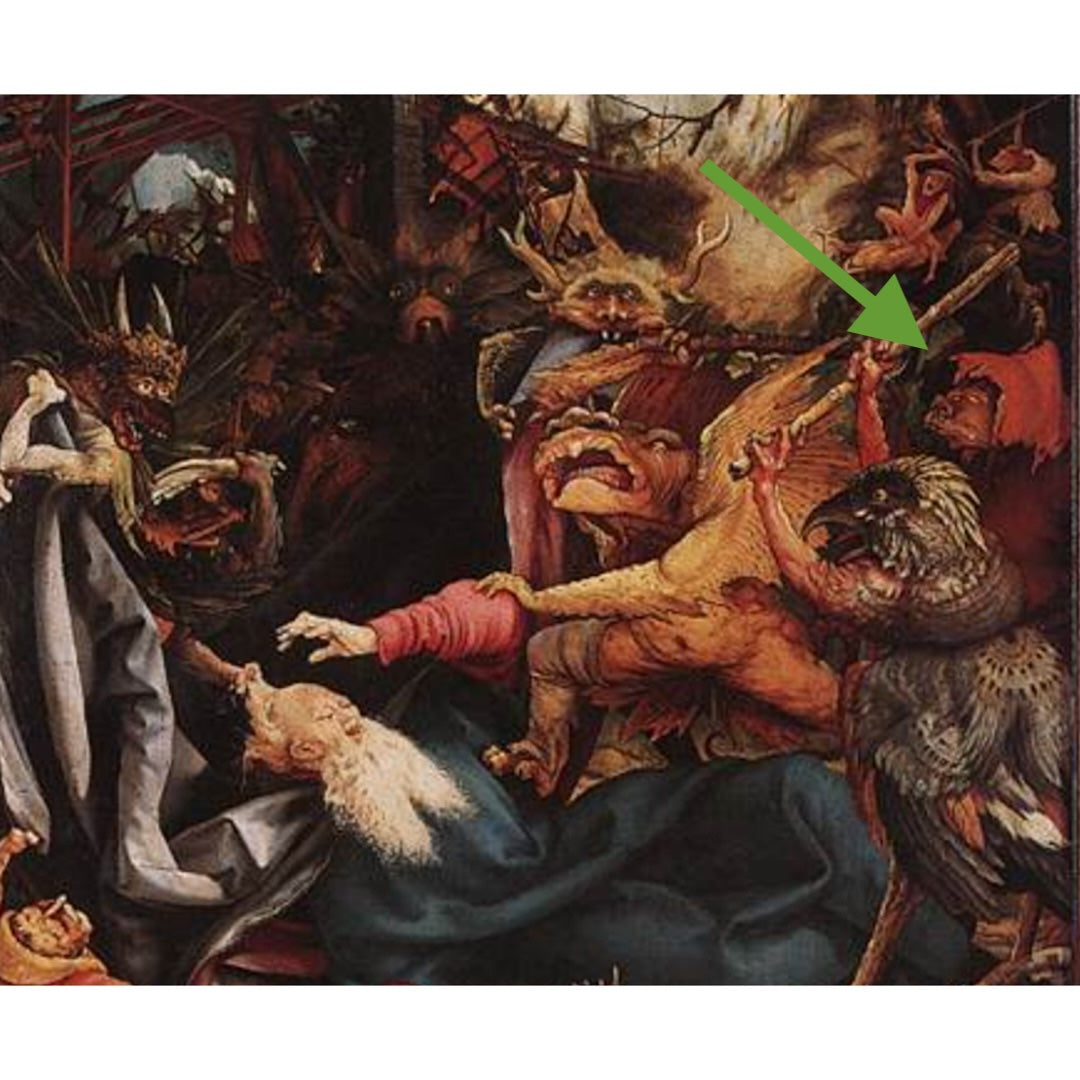 Detail of demonic hooded figure from Grunewald Isenheim Altarpiece Temptation of Saint Anthony, circa 1512-1516