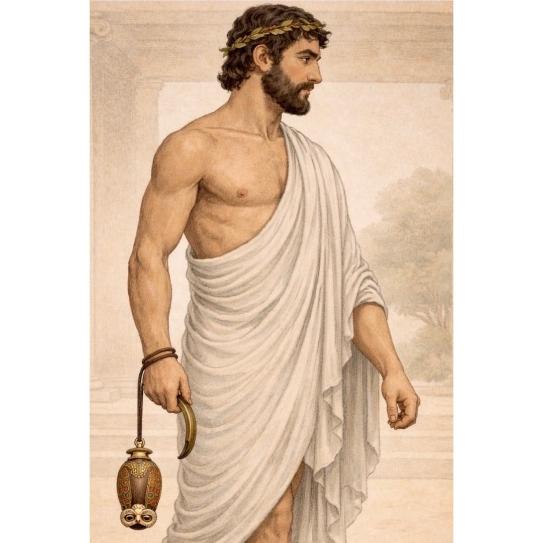 Greek man holding an owl arballos vase, drawing showing how it was used