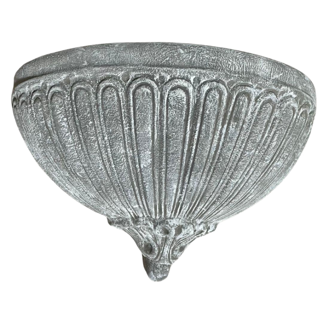 Grey cement wall-mounted lavabo half basin for garden or patio décor.