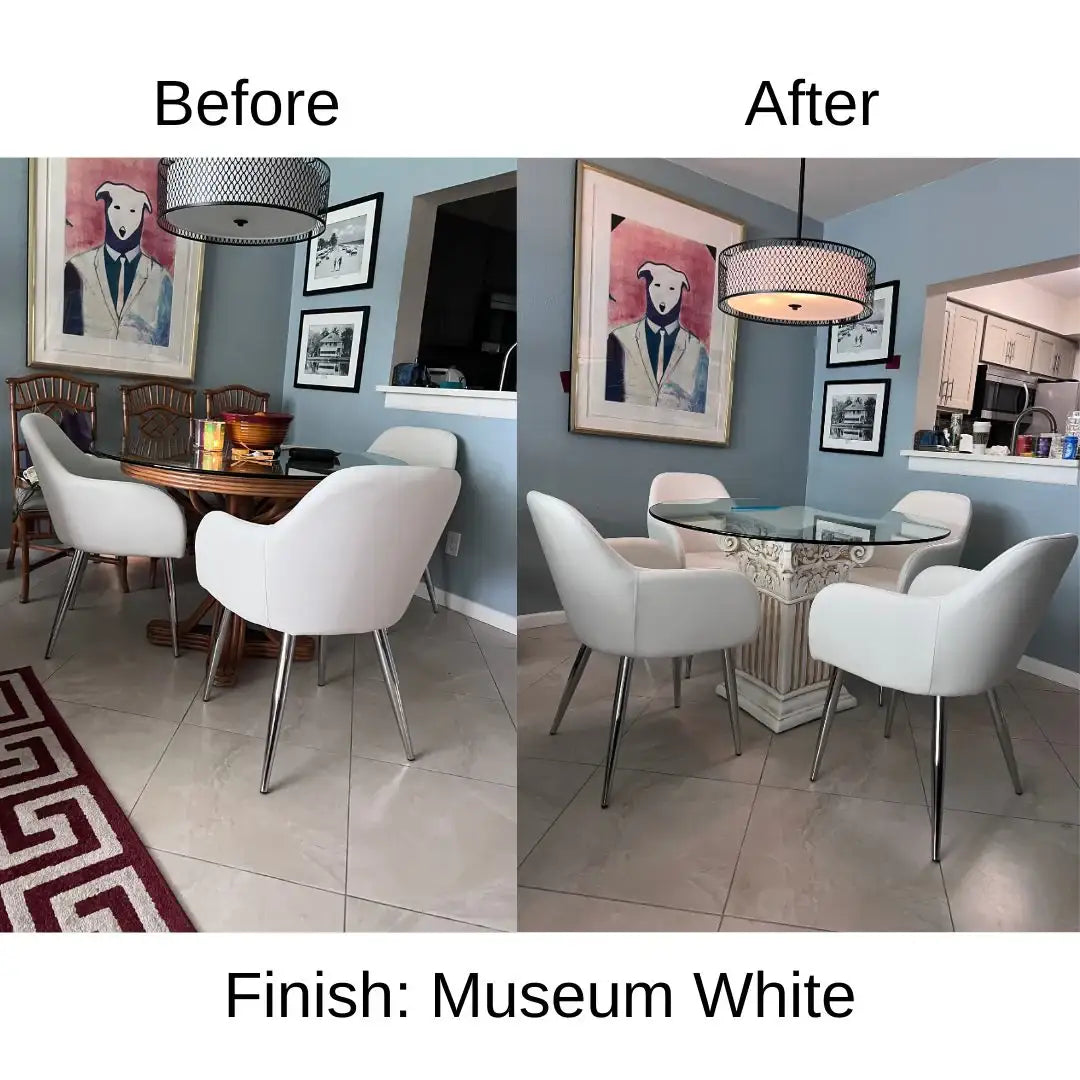 Angled view of square fluted Corinthian table base showing proportions and height for dining use, designed to support glass tops while adding classical structure and symmetry to interior spaces