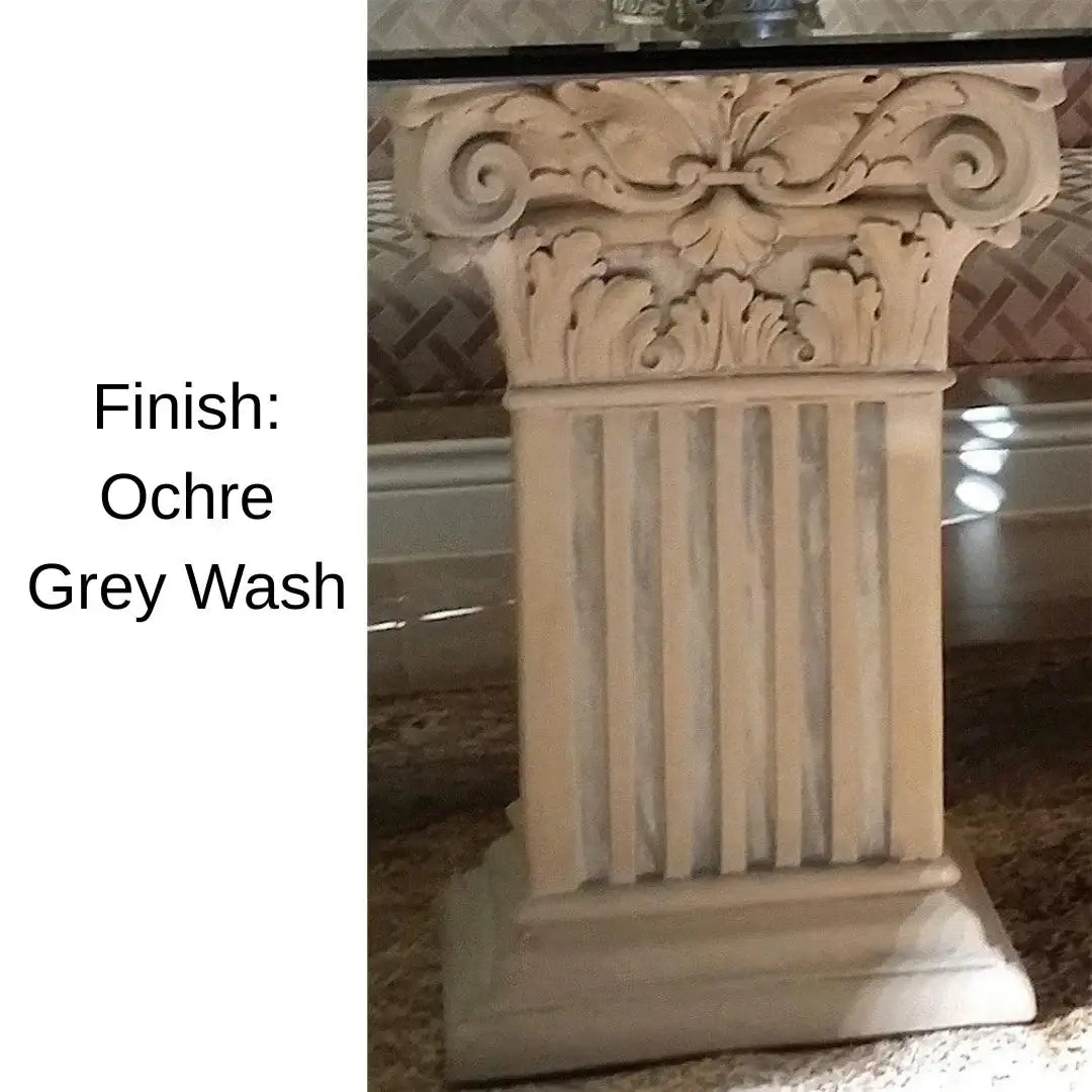 Close-up of square fluted Corinthian table base highlighting carved fluting and structured capital, inspired by ancient Greek and Roman column design with detailed surface texture and architectural styling