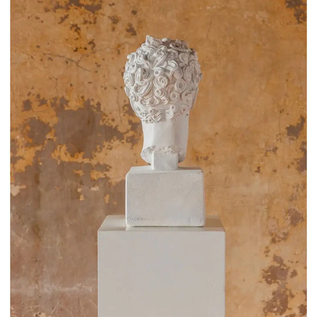 Perseus bust sculpture in white plaster, Greek mythology hero statue on pedestal