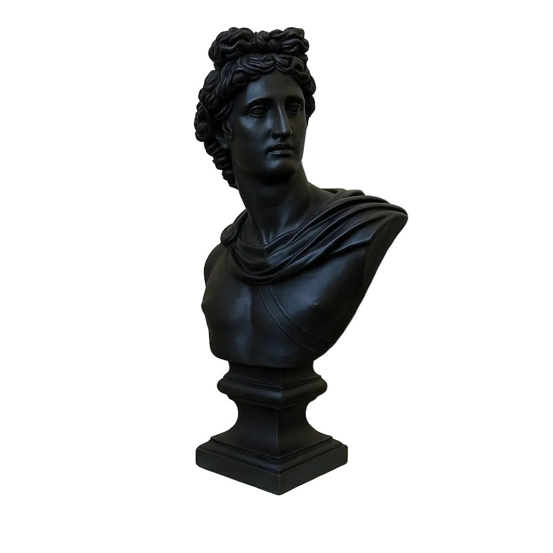 Apollo Belvedere bust, hand cast black obsidian plaster, front three-quarter view, HP6451, 23.5 in H