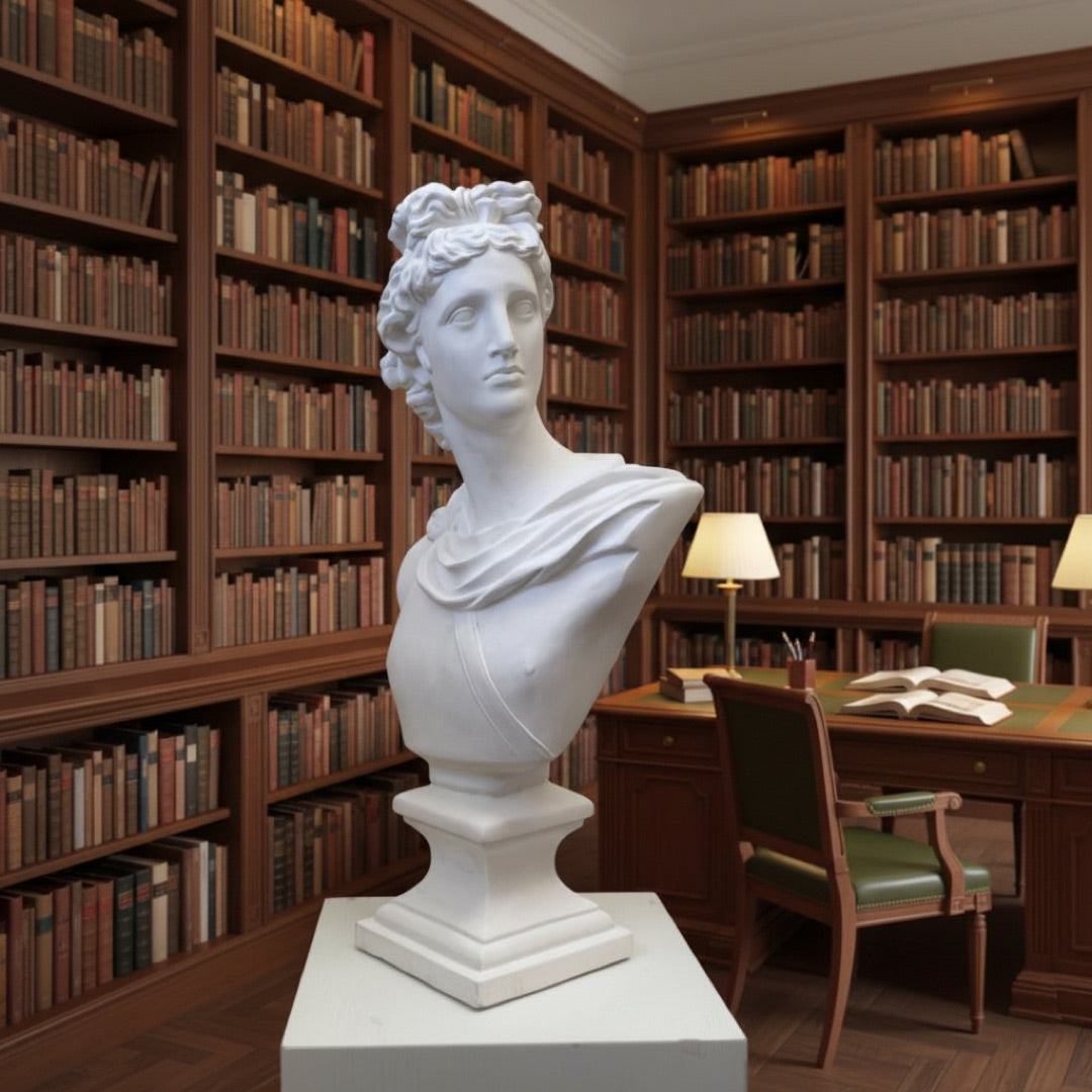 Apollo Belvedere bust styled on a desk in a home library setting, white plaster, 23.5 in H, HP6451