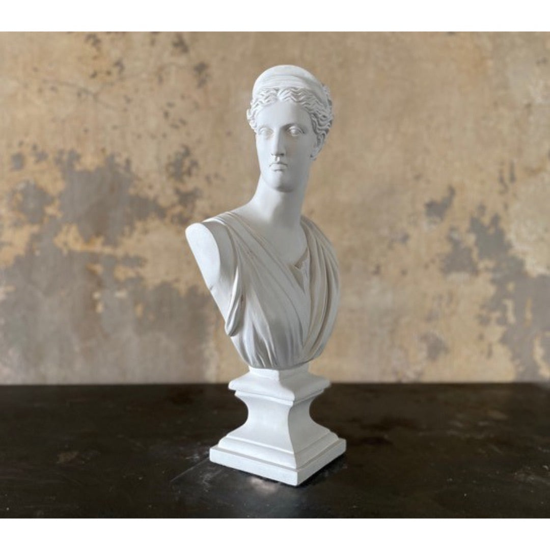 Diana of Versailles bust, hand cast white plaster, front three-quarter view, HP64520, 23 in H