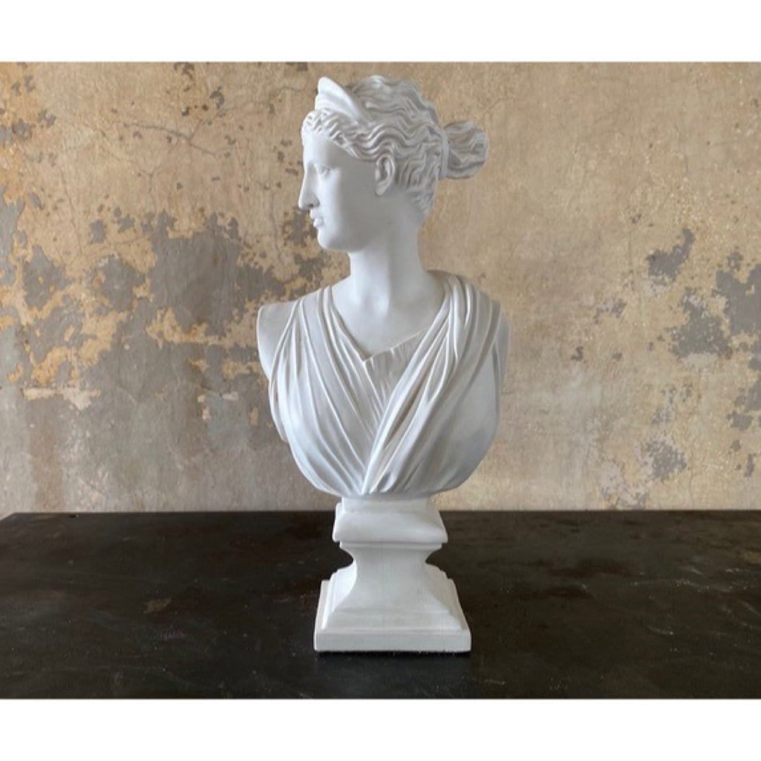 Detail of the Diana of Versailles bust looped topknot hairstyle and draped chiton, white plaster